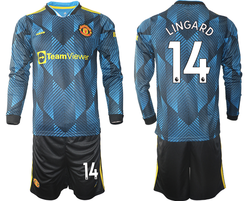 Men 2021-2022 Club Manchester united second away blue Long Sleeve #14 Soccer Jersey
